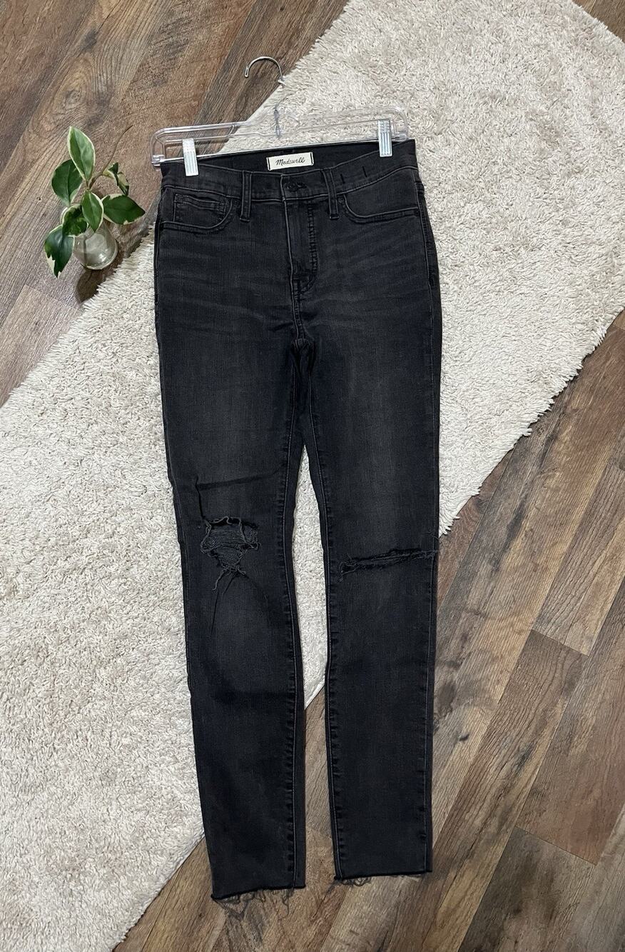 Madewell Size 26 Washed Out Black Distressed Raw Hem 9" Mid-Rise Skinny Jeans